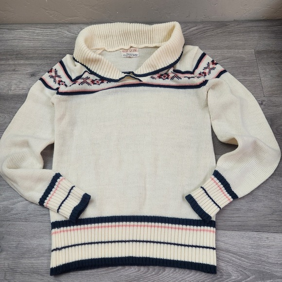 Vintage Annie Rose Sweater Cream  Size M Knit Top Fair Isle Ruffle Collar Retro - Picture 1 of 13